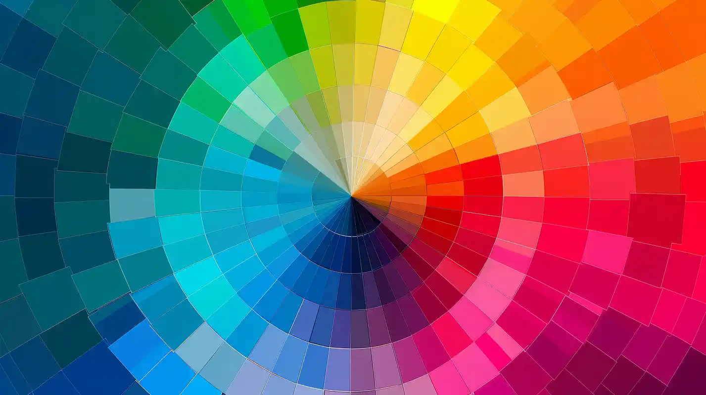 Circular color spectrum chart with a central focal point, radiating outward through gradations of blue, green, yellow, orange, red, and pink.